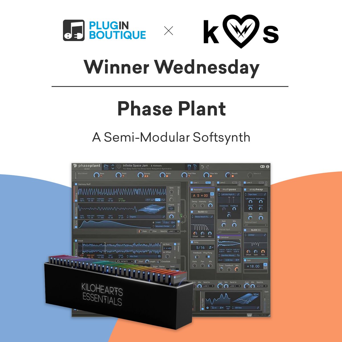 PluginBoutique's tweet image. We have partnered up with Kilohearts to give you the chance to win Phase Plant (bundled with Essentials).
​
To enter, simply follow us - 
@PluginBoutique
 
 &amp;amp; retweet this tweet!
​
​The winners will be announced next Wednesday.

More Info on Phase Plant: bit.ly/3d66OeQ