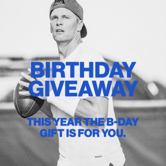 TomBrady's tweet photo. 45 years is a lot of gifts… I’m doing the giving this year. Hit the link for your chance at a @bradybrand VIP box. https://t.co/jNYhBtsyWr https://t.co/1M08i958r1
