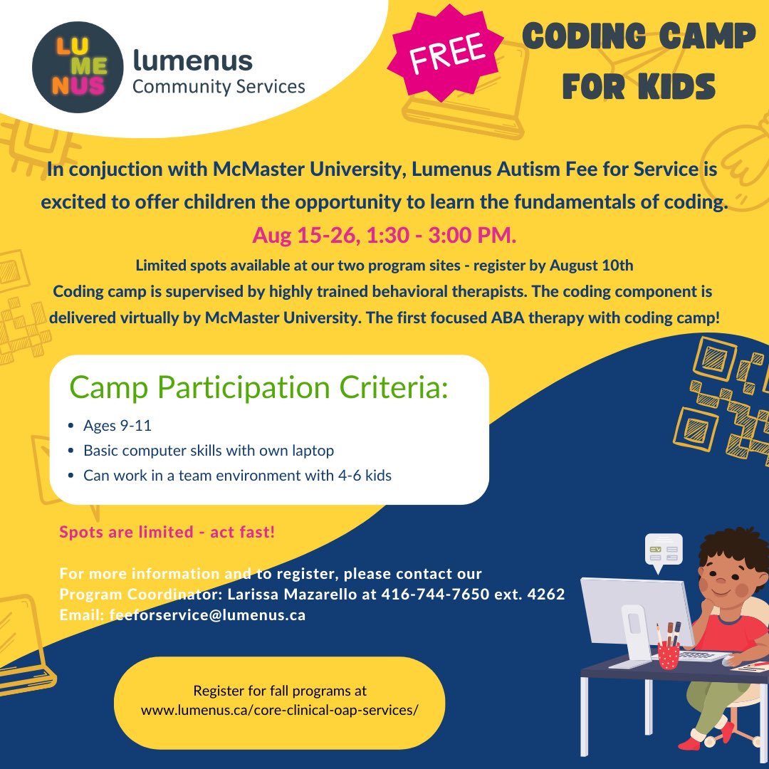 Did someone say FREE coding camp for #Toronto children who meet admission criteria?! We’re so proud of this collaboration with @mcmasteru! Only a few spots available… act fast! #lumenusffs #autismspectrumdisorder #torontoparents