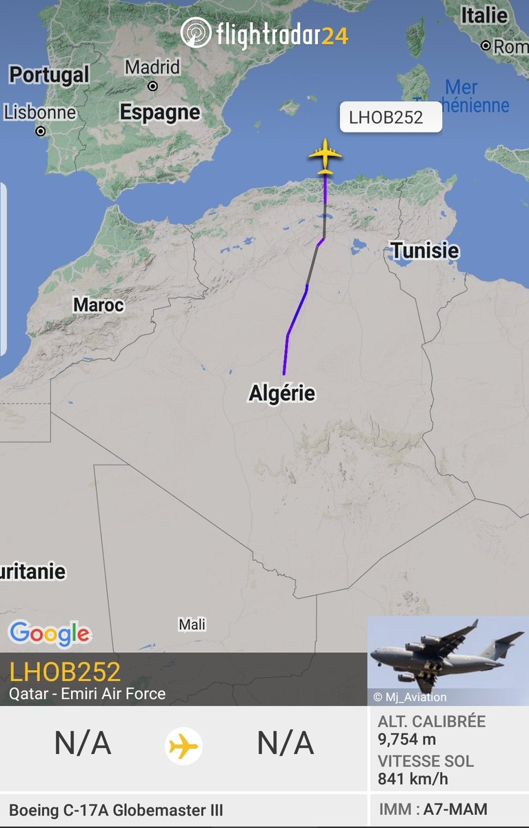 CH_LEBAD's tweet photo. طائرة للقوات الجوية القطرية 🇶🇦 ترقيم A7-MAM طراز : بوينغ C17 A   Globmaster 
تغادر الأجواء الجزائري 🇩🇿 https://t.co/KAojQqNkPI