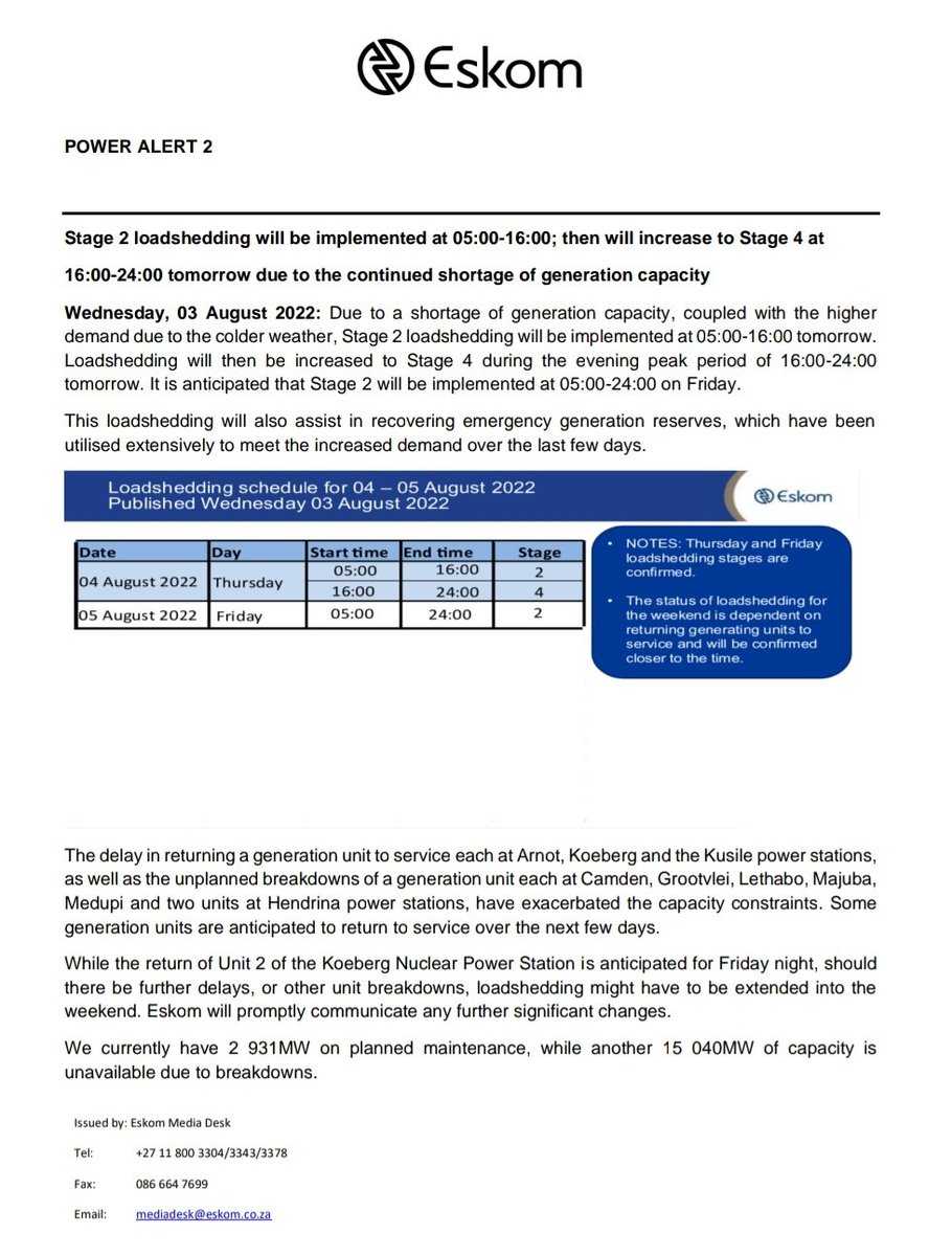 Eskom_SA's tweet photo. #PowerAlert2
Stage 2 loadshedding will be implemented at 05:00-16:00; then will increase to Stage 4 at 16:00 - 24:00 tomorrow due to the continued shortage of generation capacity https://t.co/aCDWkV6I9Z