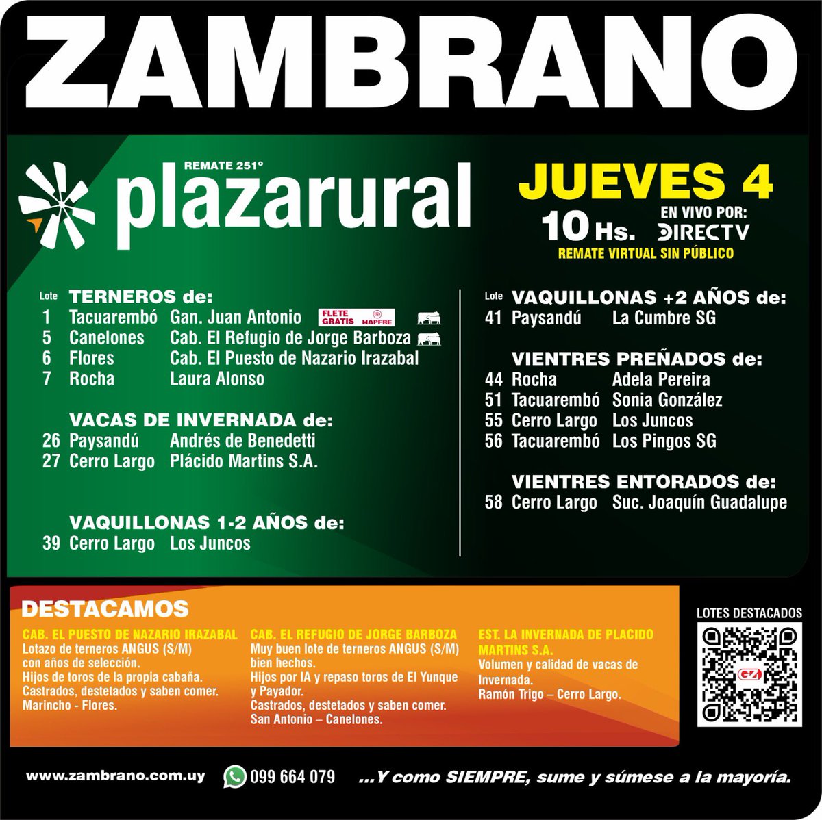 ZambranoyCia's tweet photo. Mañana la gran oferta de @plazarural 
Hora 10 comienzan las ventas 🔨

Seguilo en vivo por https://t.co/yNIs3vydeF 
Consultas 099664079 y a nuestra red de agentes en todo el pais 

#gzhacienda #ganado #rematevirtual #zambrano #tumejoropcionagropecuaria https://t.co/OlKoqr9gmn