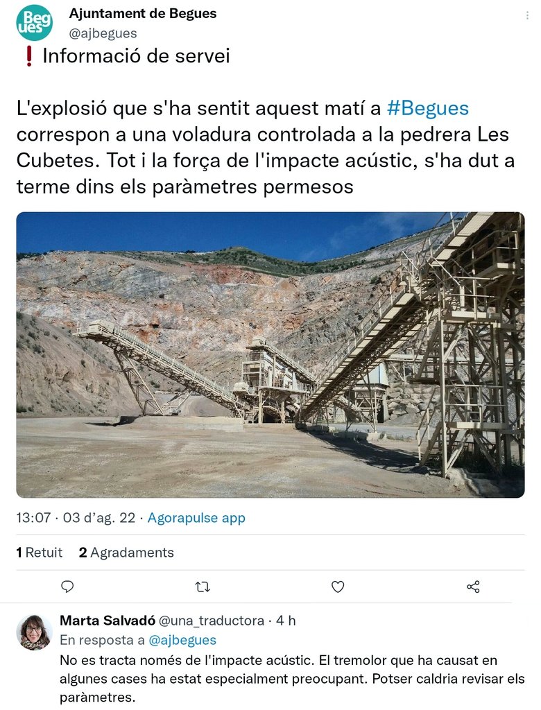 olivellarj's tweet photo. Avui al migdia hi ha hagut una forta detonació a la pedrera les Cubetes #Montau que ha fet tremolar mig poble.
🤔Per què @l'@ajbegues no ha avisat amb antelació a la ciutadania de #Begues #Baixllobregat a través dels avisos BeguesApp i les seves xarxes socials? #explicacions 🤷🏻♂️ https://t.co/BcqCa4kB7l
