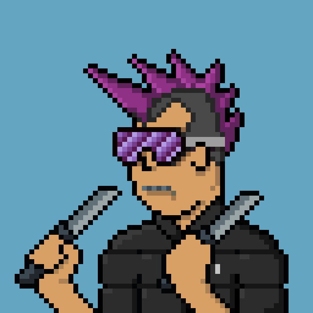 Loving this Double Knife wielding BadCitizen.

Purple mohawk + Zipper Mouth + Pit Vipers + Bomber Jacket.

I'd roll with him into the fires of hell.

#algofam
#AlgorandNFT
