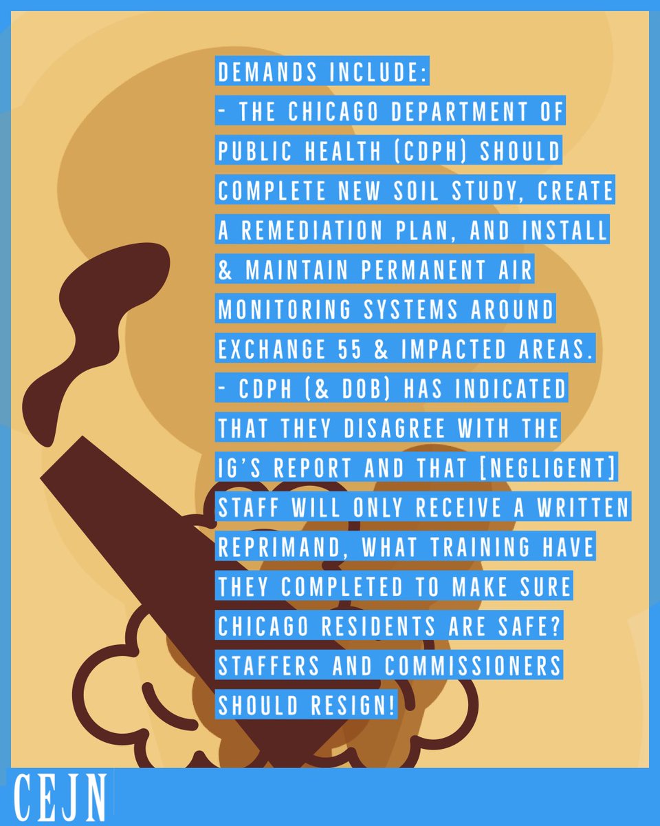 CEJNetwork's tweet photo. Demands:
The Chicago Department of Public Health (CDPH) should complete new soil study, create a remediation plan, and install & maintain permanent air monitoring systems around Exchange 55 & impacted areas.
#HellNoHilco #DontTargetUs #EnvironmentalRacism #LaVillitaRespira https://t.co/hPav1g56Ur