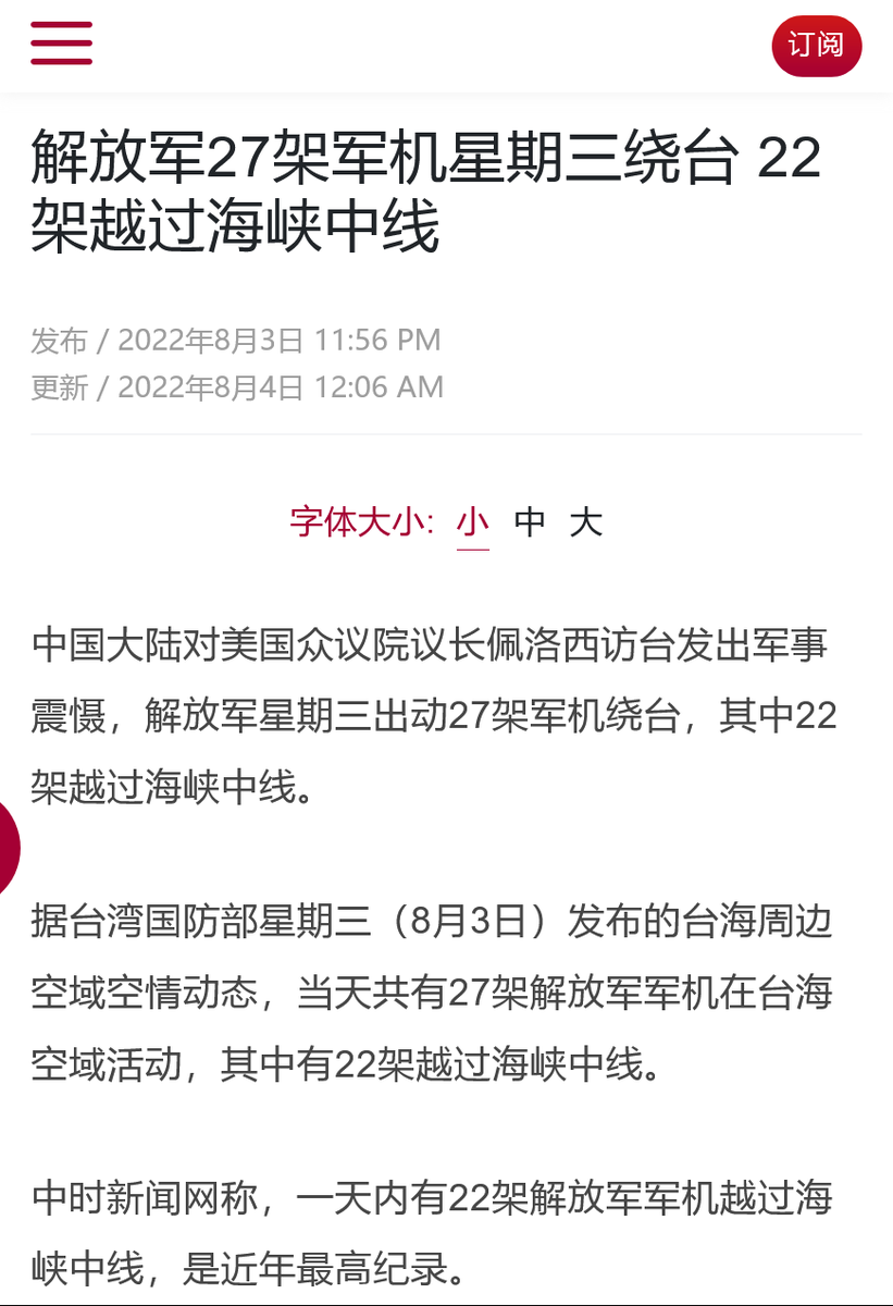 Timednews Com 中共解放军27架军机星期三绕台22架越过海峡中线 据台湾国防部星期三 8月3日 发布的台海周边空域空情动态 当天共有27架解放军军机在台海空域活动 其中有22架越过海峡中线 中时新闻网称 一天内有22架解放军军机越过海峡中线 是近年