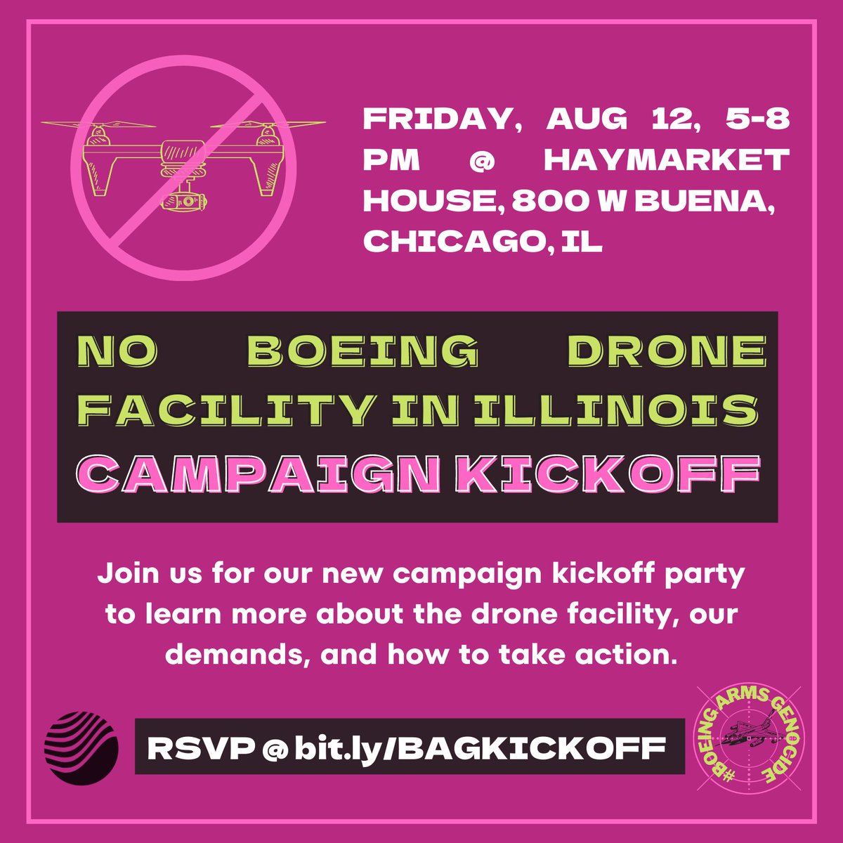RisingTideChi's tweet photo. Join us &amp; @bootboeing on Aug 12 to kick off the #FuelLifeNotWar campaign! 

After forcing Chicago to stop pouring tax $$ into @Boeing and pushing its HQ outta Chicago, @bootboeing is shifting focus to Boeing’s new drone facility in Mascoutah, IL.

RSVP: https://t.co/NxuraZcFVU https://t.co/WhILMGGC6j