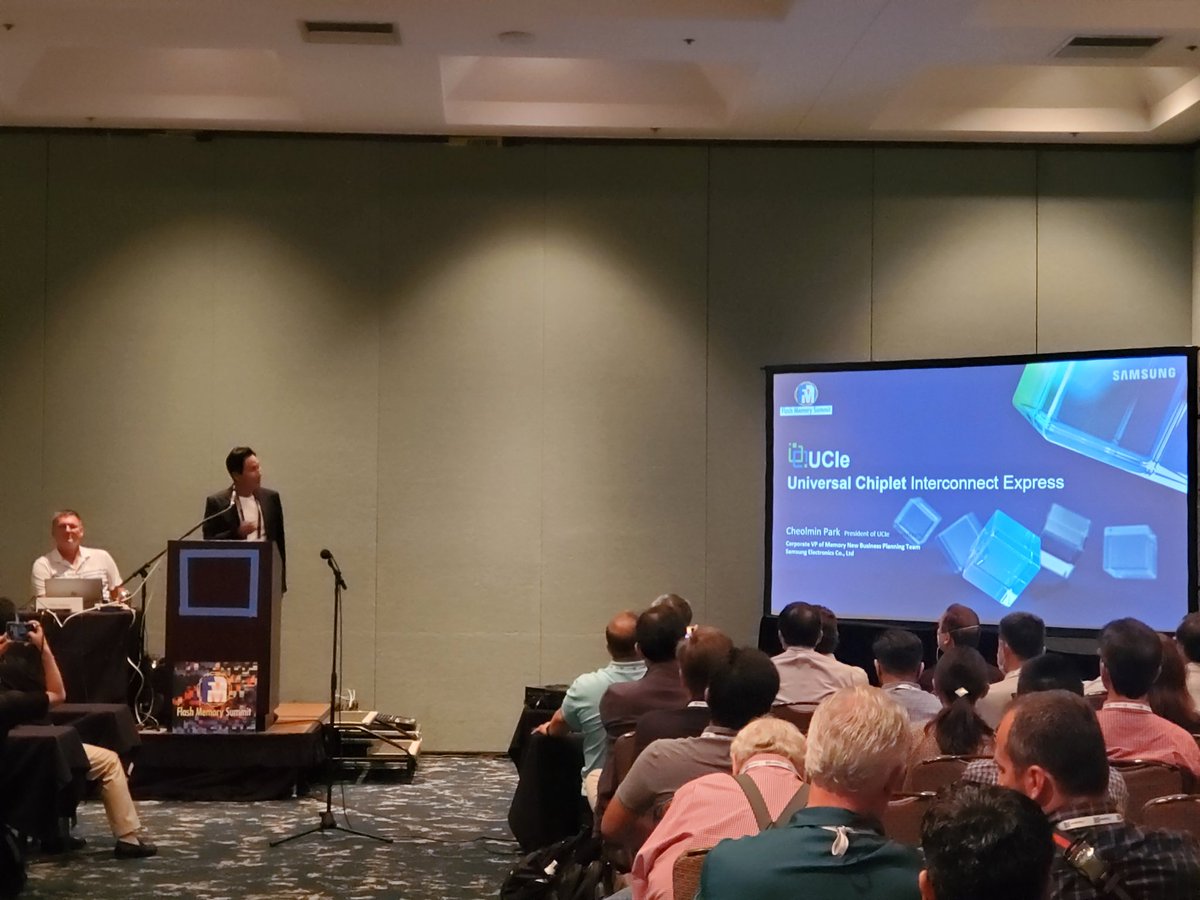 SNIA's tweet image. Welcoming Cheolmin Park presenting on the UCIe Consortium in the SNIA sponsored System Architectures track , Ballroom G at #fms2022