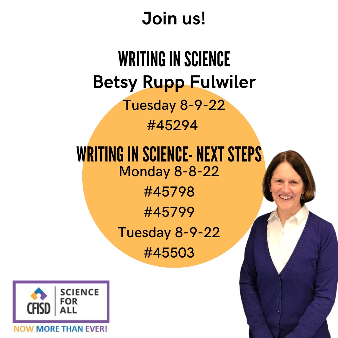 CFISDScience's tweet image. Excited to host Betsy Rupp Fulwiler! Join the sessions during August PD! @FlanaganPam