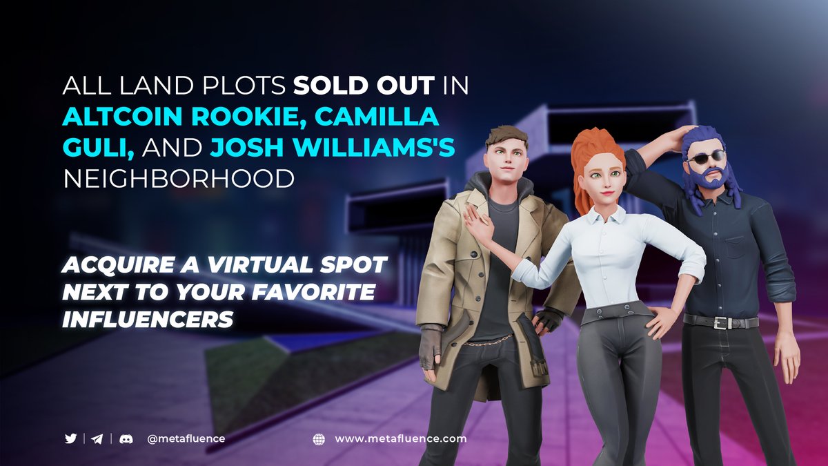 🔥 Fans are gathering around their favorite influencers!

🔑 All Land Plots sold out in <a href="/altcoinrookie/">Rookie🦥</a>, Camilla Guli, and Josh Williams's neighborhood;
🏡 Only a few left in Ruby Red, <a href="/emiwong_/">emi wong</a>, and Crypto Shark's neighborhood!

📣 Acquire yours now: app.metafluence.com/city/