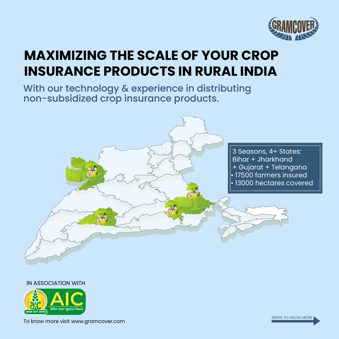GramCover's tweet image. GramCover started its journey with Crop Insurance, creating #insuranceaccess for #nonloanee farmers for #PMFBY #RWBCIS and state crop insurance programs at scale with the @aicofindia to provide #parametric insurance products across multiple states under the #SampoornaRituKavach