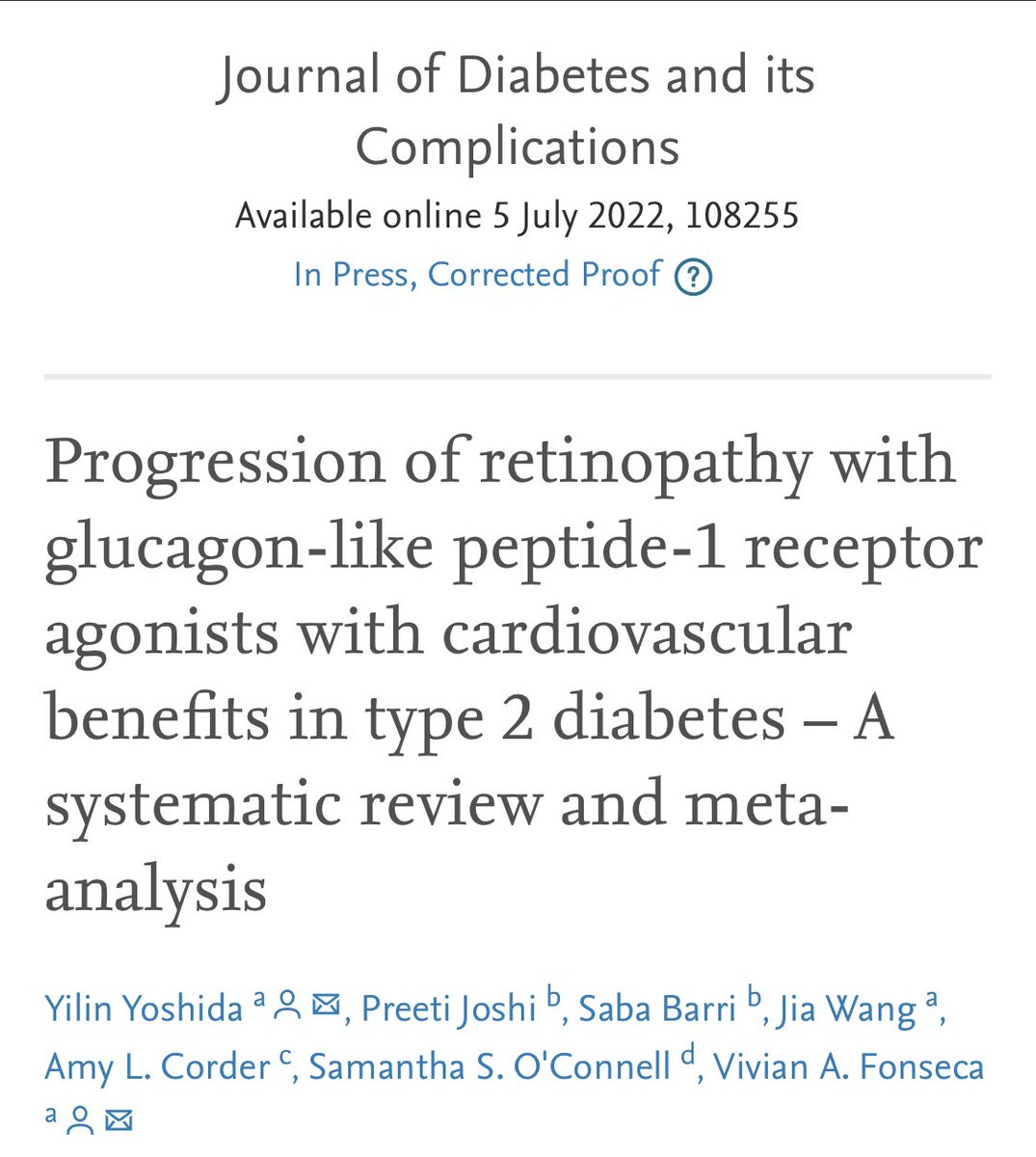 Progression retinopathy with GLP-1RAs 🔹Meta-analysis 13 RCTs incl. CVOTs 🔸 significant ⬆️ risk in RCTs >52 weeks (1.2, 1.00–1.43) 🔹 not significant in T2DM ≥10 years (1.19, 0.99–1.42) or from multiple countries (1.2, 0.99–1.46)🤔 🔸needs more FOCUS 😉 sciencedirect.com/science/articl…
