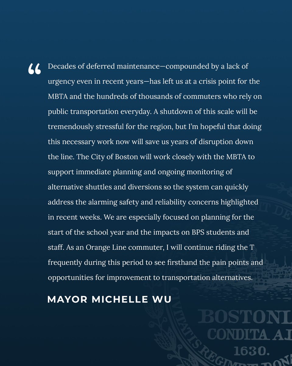 MayorWu's tweet photo. The shutdown of the Orange Line will be stressful for our riders &amp; the region. Boston will work closely with @MBTA to support planning &amp; monitoring during this time. Learn more: https://t.co/tzZI3M64lu https://t.co/FUuXuFKqel