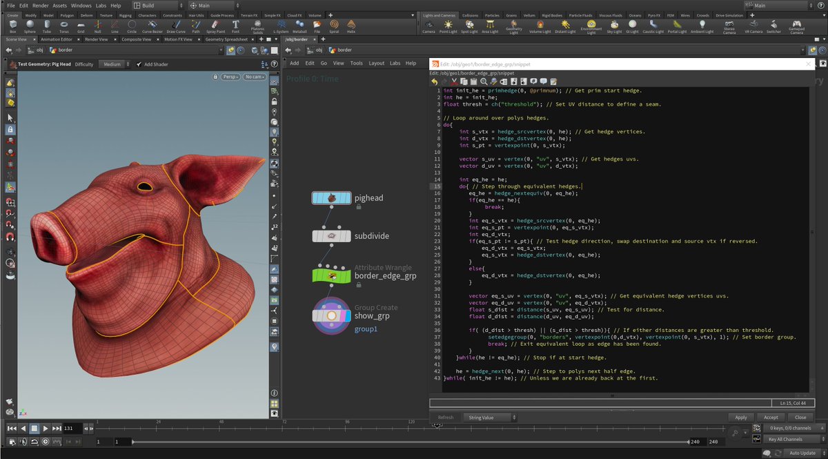 DoesCG's tweet photo. Challenge: create UV border edge group with VEX. Example shows key aspects of Hedges. May unlock a few problems poly/edge/vertex related for you. Could be more efficient by reusing data from prev. loop, but more explanatory in this form! 
#Houdini #vexflex #UVs #3D #geometry https://t.co/PUufmqMvs9