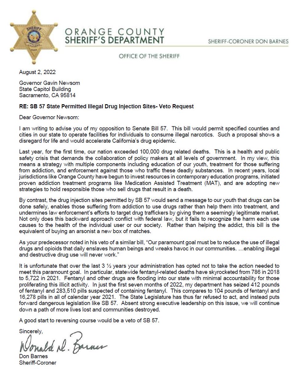 SB 57 would permit specified cities and counties to operate facilities for individuals to consume illegal narcotics.  This backward proposal shows a disregard for life and would accelerate CA's drug epidemic.  Please see my letter urging Governor Newsom to veto this bill.