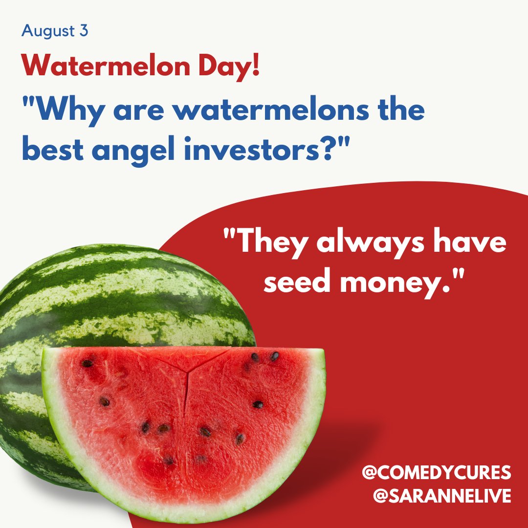 A Joke for Watermelon Day! 

'Why are watermelons the best angel investors? They always have seed money.' @comedycures

#comedycures @sarannelive #WatermelonDay #watermelonhumor #investingjokes #investinghumor #startuphumor #joke #august32022 #Didyouknow #funfact #onthisdate