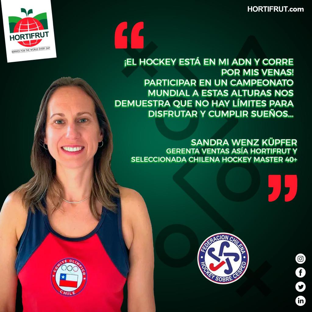 Nuestra @hockeychilemasters +40 viajan a Inglaterra para participar en este magno evento internacional que se desarrollará del 12 al 21 de agosto, y en Hortifrut tenemos el orgullo de tener a una jugadora entre nuestras filas. Le deseamos todo el éxito a la gran <a href="/sandrawenz/">sandrawenz</a> 💪🏽 💪🏽