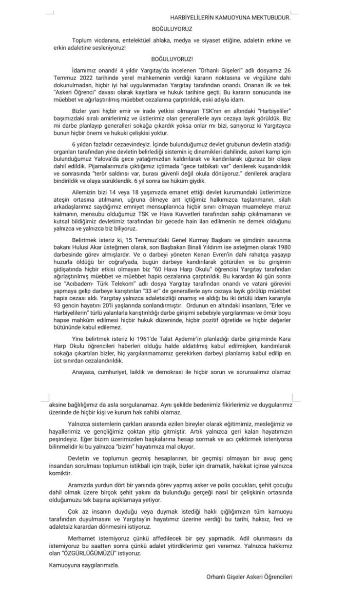 Orhanlı Gişeler davasında müebbet hapse mahkum edilen Askeri Öğrenciler’in kamuoyuna açık mektubudur:
#Boğuluyoruz