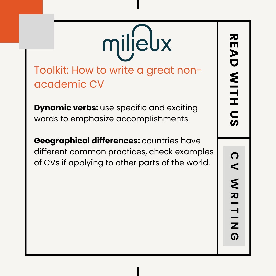 WeAreMilieux's tweet image. Toolkit: How to write a great non-academic #CV

The basics: length, structure, design, proofreading
Use dynamic verbs to emphasise accomplishments.
Check common practices of country of application. 

Full article: nature.com/articles/d4158…

#GetHired #GradStudies #ScienceCareers