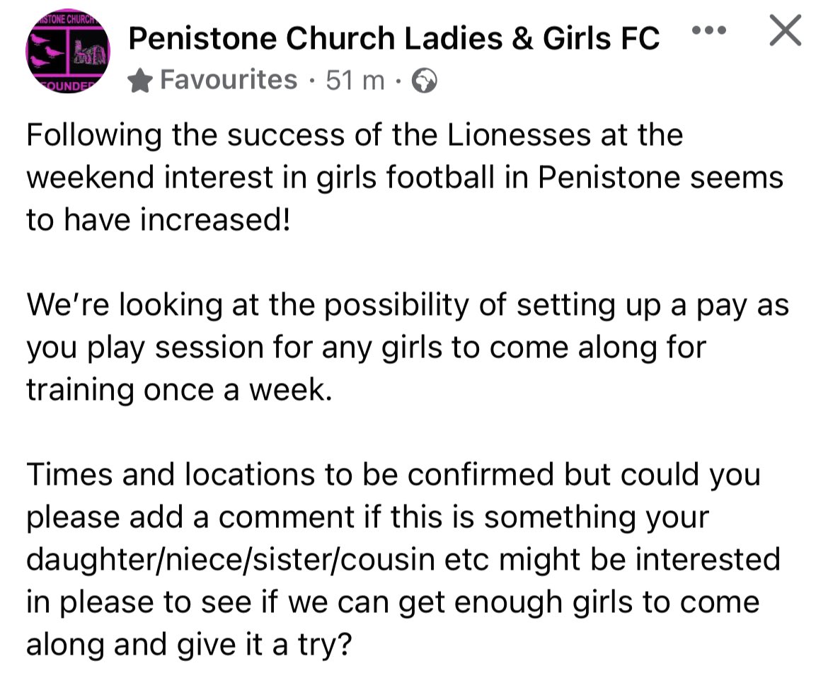 Any one interested please drop <a href="/pcgirlsfc/">Penistone Church Women FC</a> a DM. 

#OneClubOneCommunity