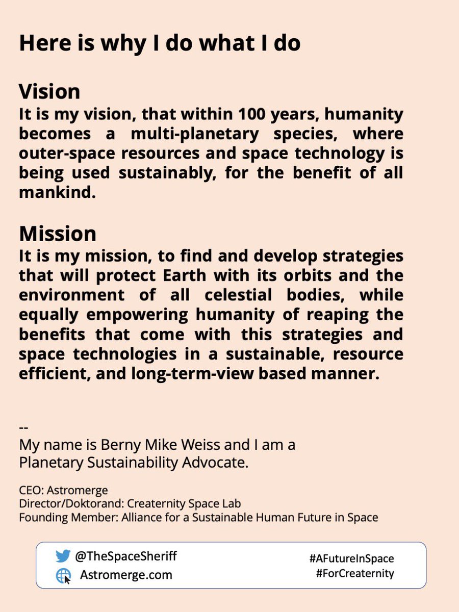 BerndWeiss's tweet photo. I see and understand a mission statement as the “How” in the “Why, How, What.”
Hence, the biggest issue for me was to know what I want and why I want it, aka the vision.
From there; it was easy :) 🚀🚀
Here is why I do what I do. Questions?
#AFutureInSpace https://t.co/OQcX5ywRUV