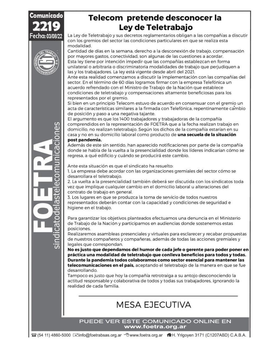 📣TELECOM PRETENDE DESCONOCER LA LEY DE TELETRABAJO

Se desarrollaran asambleas presenciales y virtuales para esclarecer y recabar propuestas de compañeros y compañeras, además de todas las acciones gremiales y legales que correspondan.