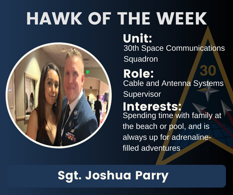 SLDelta30's tweet photo. Sgt. Joshua Parry currently works as a Cable and Antenna Systems Supervisor at the 30th Space Communications Squadron.
Congratulations to Sgt. Parry for being the #HawkoftheWeek! https://t.co/wLPzC6YaaB