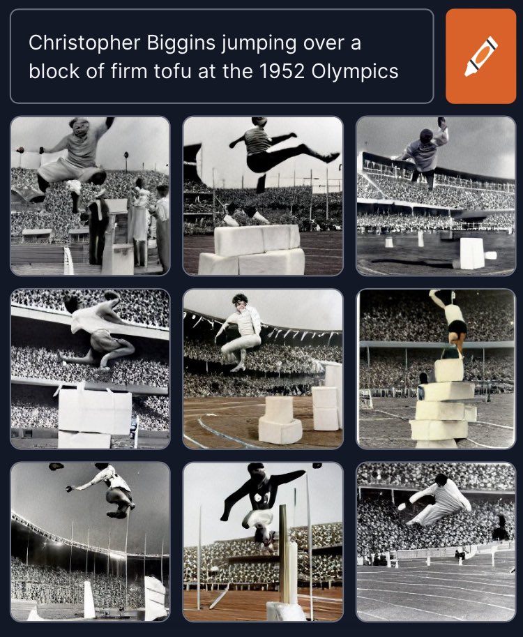 Christopher Biggins jumping over a block of firm tofu at the 1952 Olympics #dallemini #craiyoncreations #aiart