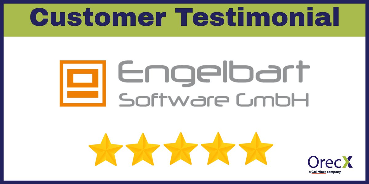 OrecX (@orecx_software) on Twitter photo Customer testimonial: Engelbart Software - Product Advantages: “Ease of implementation, perfect support, and stable!”; Reasons for Choosing: “Cost, works as designed” #callrecording <a href="/CallMiner/">CallMiner, Inc.</a> Customer testimonial: Engelbart Software - Product Advantages: “Ease of implementation, perfect support, and stable!”; Reasons for Choosing: “Cost, works as designed” #callrecording <a href="/CallMiner/">CallMiner, Inc.</a>