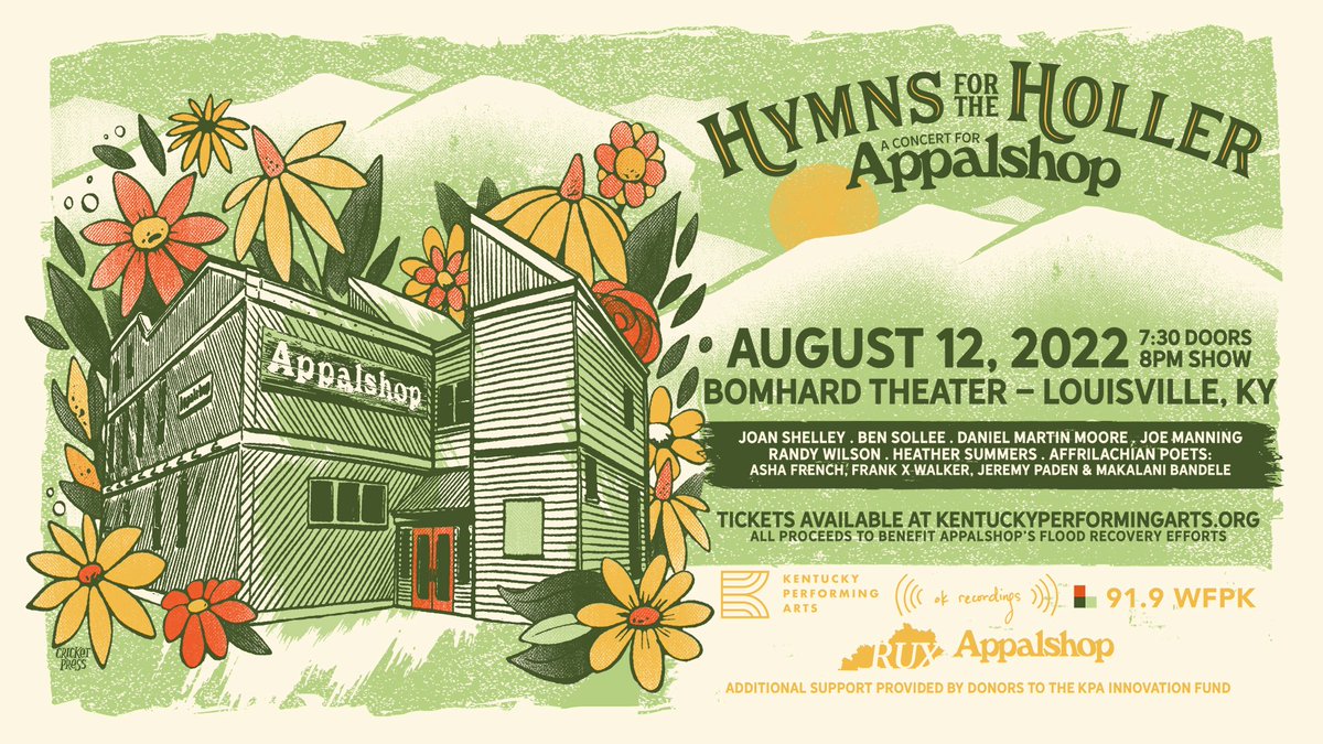 August 12th | 8 PM | @KyCtrArts 
Hymns For The Holler: A Concert for @Appalshop, with @JoanShelley, @bensollee, @danielmmoore, Joe Manning, Heather Summers, & Affrilachian Poets @AFrenchWriter, Frank X Walker, Jeremy Paden, & Makalani Bandele. 🎟️: bit.ly/KPAHymnsForThe…