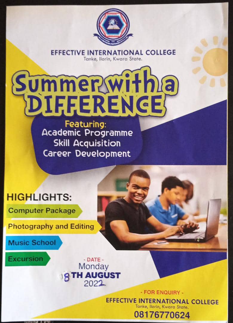 EffectiveInter2's tweet image. VACATION/SUMMER LESSONS 2022 will kick off on Monday 8TH OF AUGUST, 2022. Register your child(ren) today.
Students will be engaged with vocational training like 
*Coding 
*Photography 
*Music 
*Academic Programme
*Plus Other fun-filled extra-curricular activities
DON'T MISS IT!!