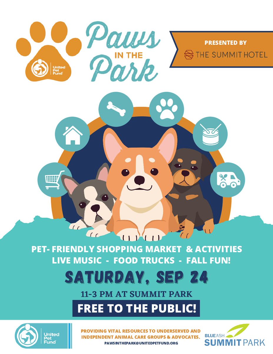We are PAWsitively ecstatic to sponsor the United Pet Fund Paws in the Park event on Saturday, September 24th at Summit Park! 

Learn more, unitedpetfund.org/pawsinthepark/