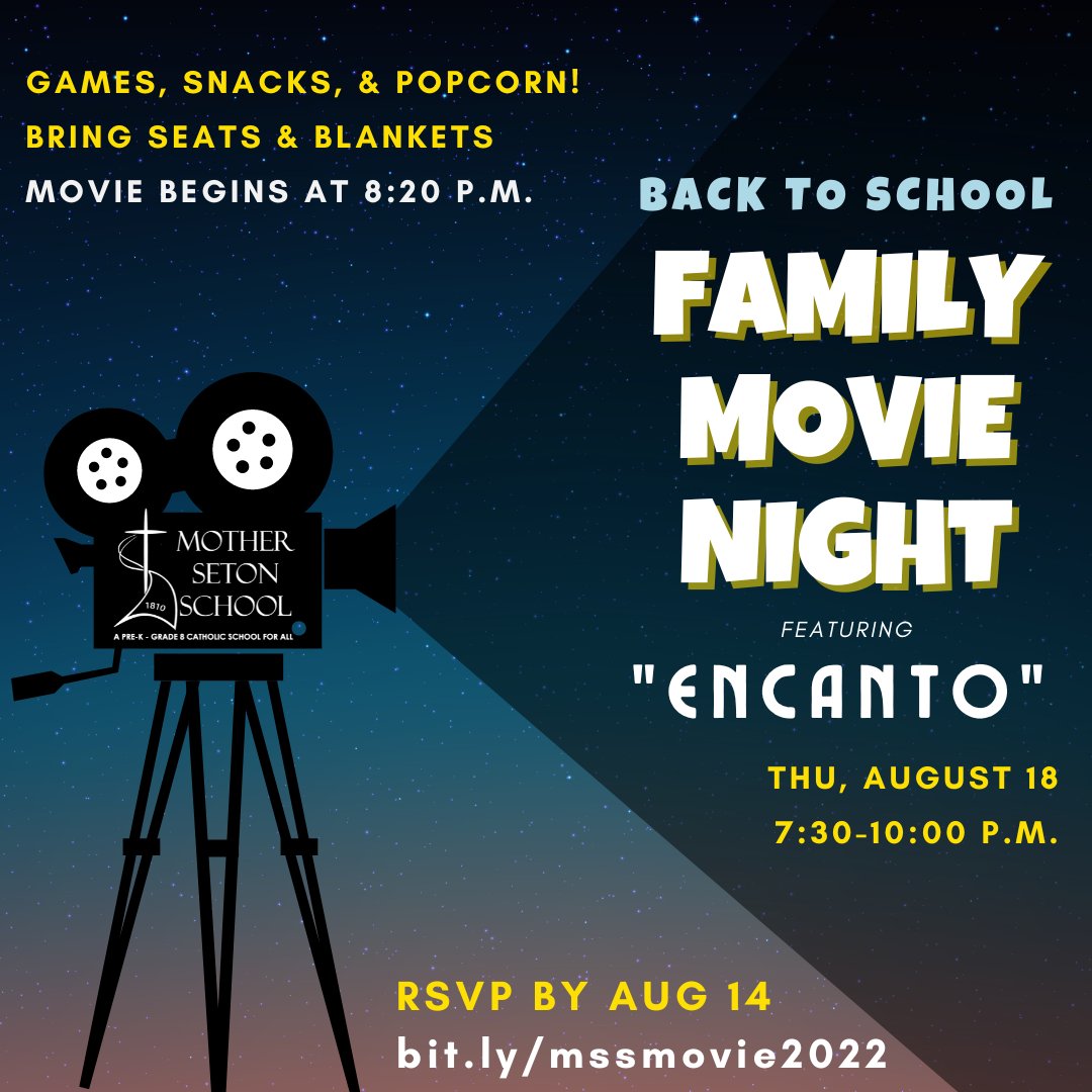 MSSEburg's tweet photo. Current/Incoming MSS families: You're invited to a Back to School Movie Night on Aug 18. Featuring #Encanto! Snacks &amp; Popcorn provided. RSVP by Aug 11! https://t.co/GUI5KD4QIH #backtoschool https://t.co/HN5ReAhuHd