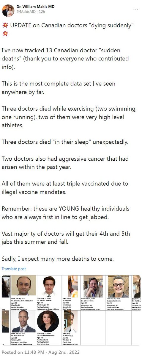 SeenAndForeseen's tweet image. Dr William Makis @MakisMD now tracking 13 Canadian doctors that have recently died suddenly

"Vast majority of doctors will get their 4th and 5th 💉 this summer and fall. Sadly, I expect many more deaths to come."

gettr.com/post/p1kwmea0c…