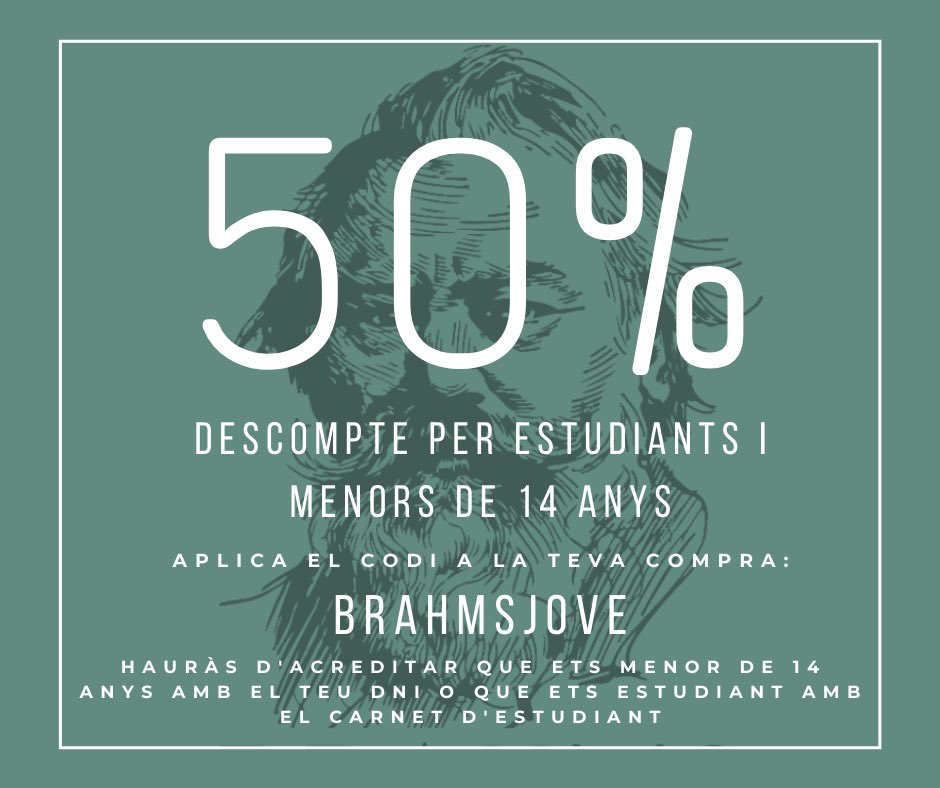 Festivalbrahms's tweet photo. Ets estudiant?
O vols venir acompanyat dels teus familiars menors de 14 anys?

T’ho posam fàcil! 50% de descompte amb el codi BRAHMSJOVE

Hauràs d’acreditar la teva edat amb el DNI o que ets estudiant amb el carnet d’estudiant a l’entrada del concert

https://t.co/bAMwgxcNVv https://t.co/pmDXoRrOUP