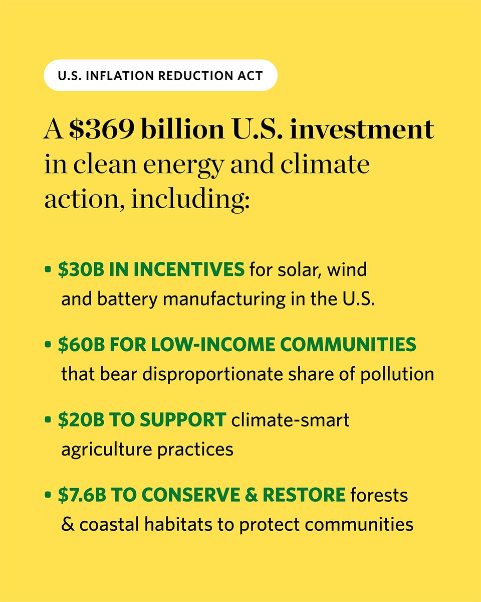 nature_org's tweet photo. Have you heard about the Inflation Reduction Act? Well, this deal is a BIG deal: a $369 billion U.S. investment in clean energy and climate action that could reduce U.S. carbon emissions by 40% by 2030. Call on U.S. Congress to act now: https://t.co/fnR1yTojcr https://t.co/NQrqtoAa7X