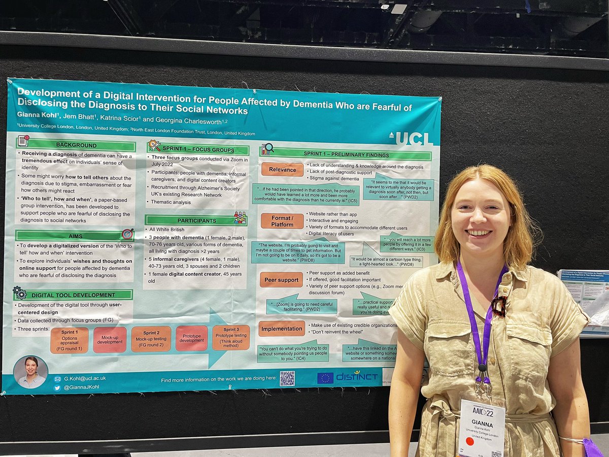 So excited to be presenting my work on the development of a website to support PLWD with decisions on sharing the diagnosis with others. Come find my poster at P4-314 #AAIC22. Thanks to <a href="/AgingPsychol/">Dr Georgina C</a> <a href="/KScior/">Katrina Scior</a> <a href="/Uclusresearch/">UCLUS</a> <a href="/alzheimerssoc/">Alzheimer's Society</a> for the support!