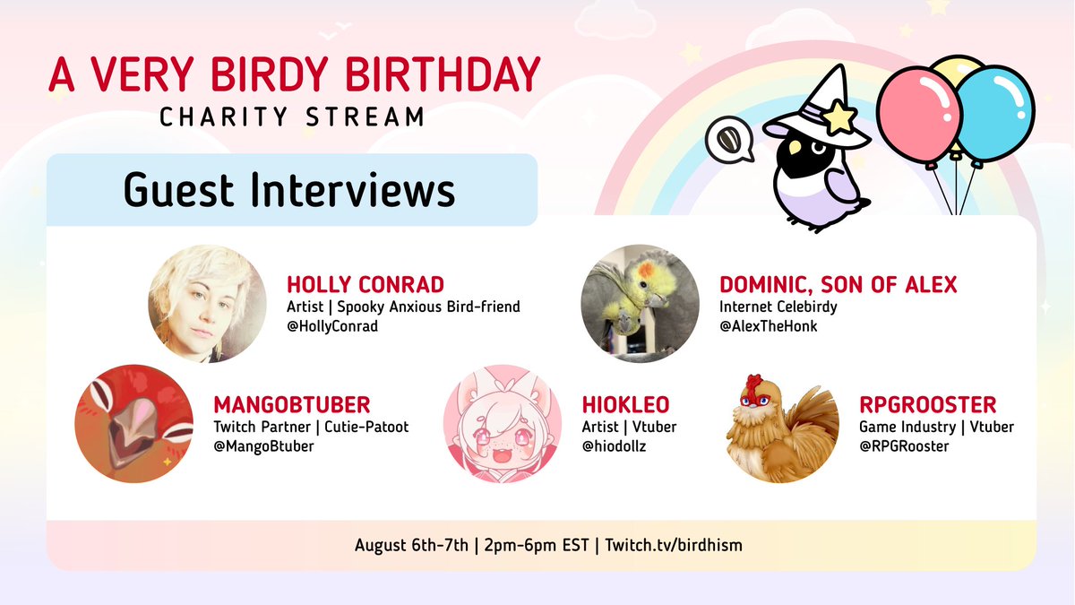 Presenting a smol flock of Vtubers/Celebirdies who go above & beyond to give their birds the best life. Join our wholesome gathering, be you bird-centric, bird-curious, or bird-confused.
Details: bit.ly/3bq0H4D 
@HollyConrad @AlexTheHonk @MangoBtuber @hiokleo @RPGRooster