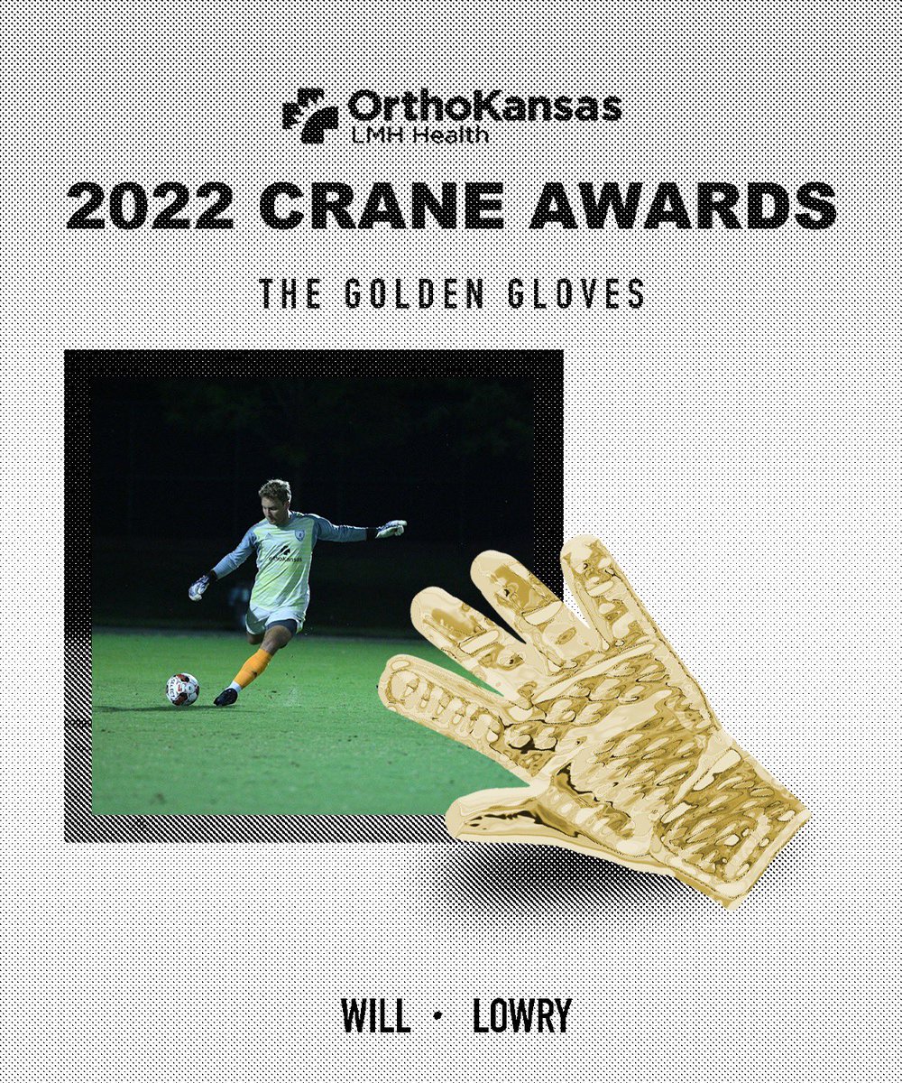 2022 CRANE AWARDS brought to you by LMH Health and Orthokansas🏆

The Golden Glove C.R.A.N.E Award is awarded to the most outstanding goal keeper of the season, this year, WILL LOWRY will receive this award! Join us in congratulating Will 👏🏼

#KVFC2022