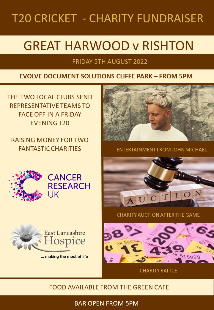 greatharwoodcc's tweet photo. We have a huge weekend of cricket coming up at @EvolveDocS Cliffe Park

Firstly, on Friday we look to raise as much as we can for two fantastic charities, East Lancs Hospice and Cancer Research UK

Representative sides from Great Harwood and Rishton face off in a T20 cricket game https://t.co/qJUDXWxwPW