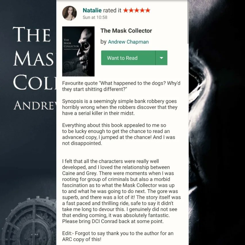 The reviews for The Mask Collector have been great so far! All five stars!

Book link - mybook.to/TheMaskCollect… 

#TheMaskCollector #BookReview #Horror #HorrorBook #scarybooks #scarybook #HorrorCommunity #horrorlover #horrorfan #kindlehorror #KUHorror #kindleunlimitedHorror