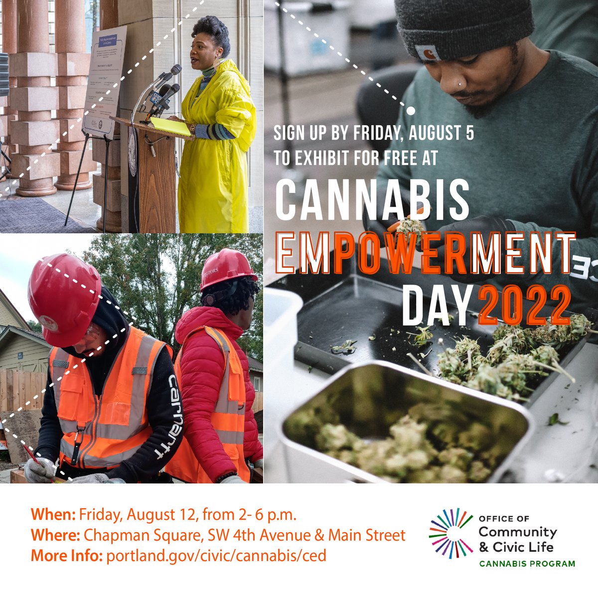 Are you a #cannabis business, advocate or community partner? Exhibit for free at Cannabis Empowerment Day on Friday, Aug 12 from 2 to 6 p.m. Tabling requests close on Friday, Aug. 5. For event details including to RSVP or to table for free, visit: portland.gov/civic/cannabis…