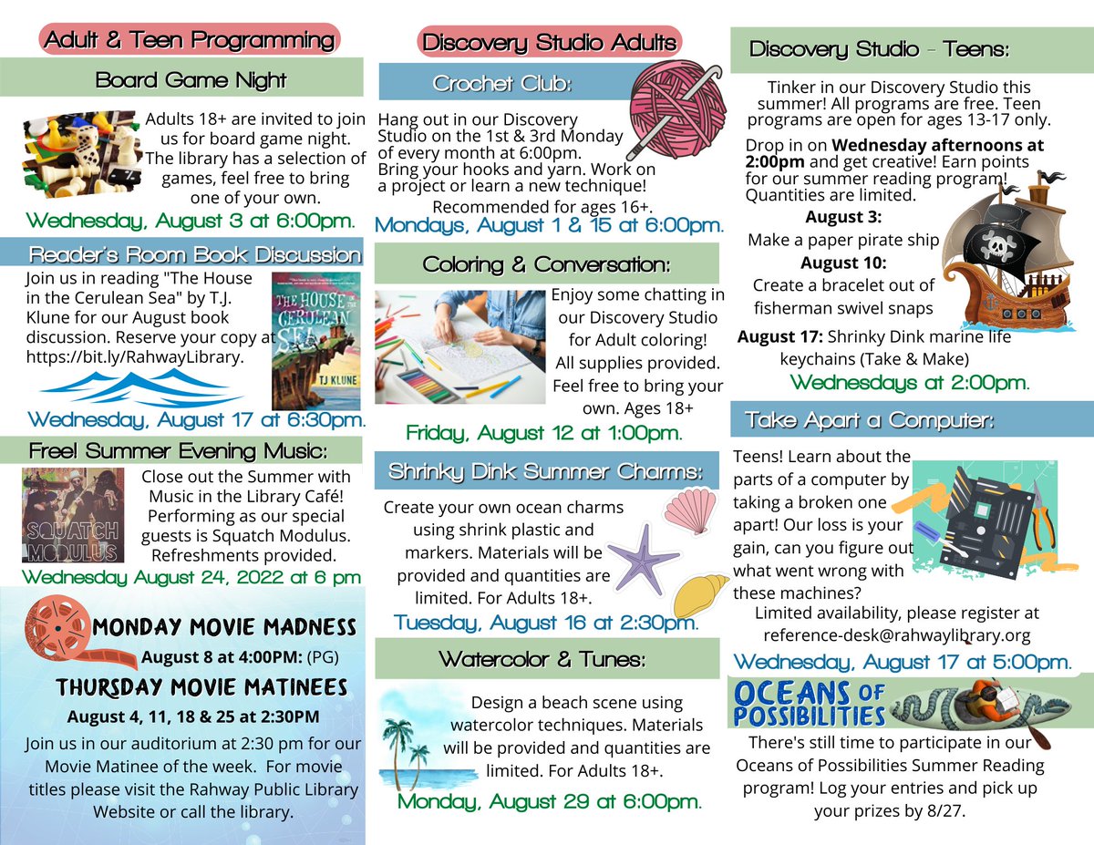 rahwaylibrary's tweet image. August Events at Rahway Public Library!