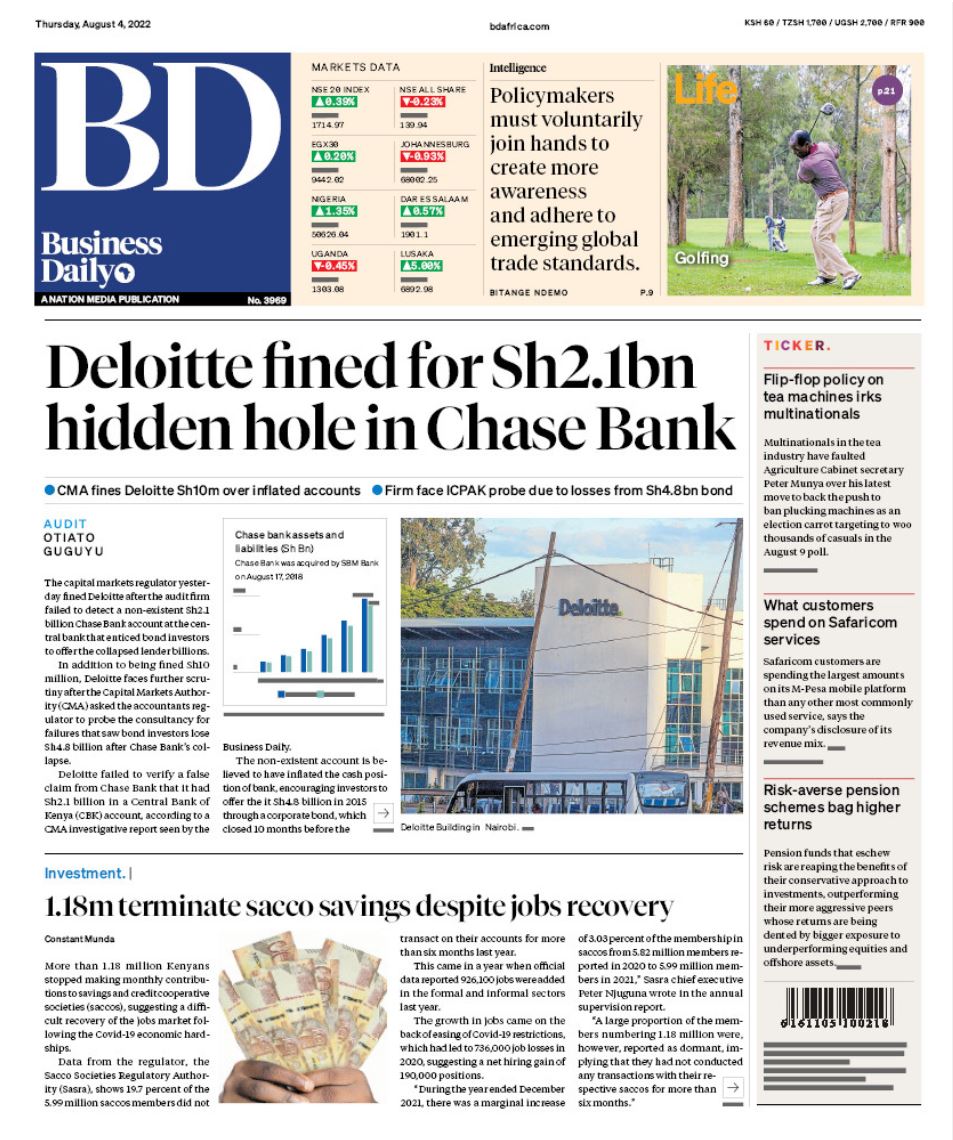 BD_Africa's tweet photo. TOP IN BUSINESS: Deloitte fined for Sh2.1bn hidden hole in Chase Bank. Grab your copy of Thursday's Business Daily for this and more. https://t.co/xpNr1umjM1 https://t.co/Jw8x923ooR