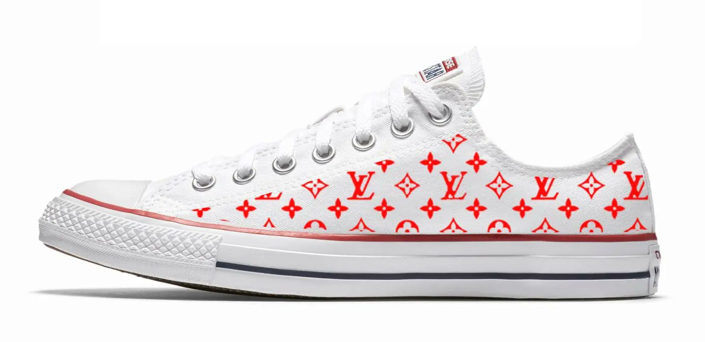 Hottest Custom Sneakers on X: 🐕 Big deals! Red Supreme LV Custom Converse  Shoes White Low only at $289.99 on  Hurry.  #celebritystyle #shop  / X