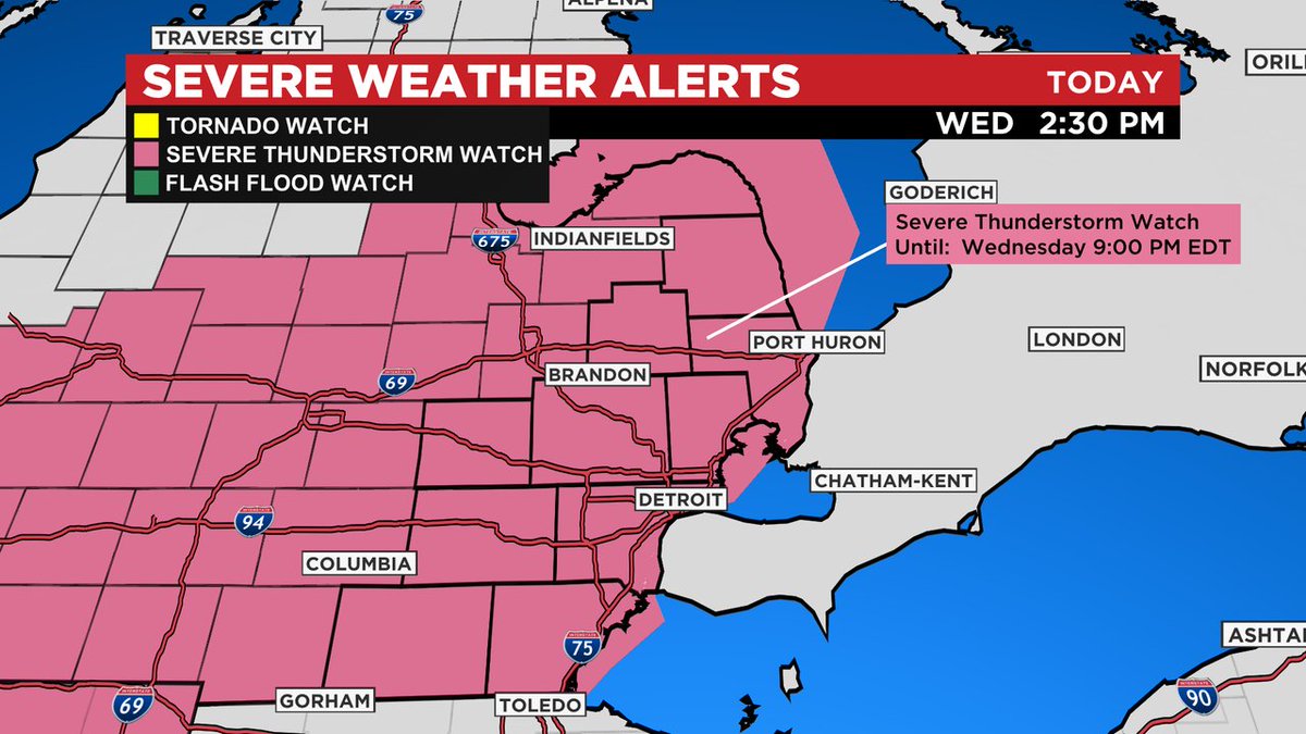 AhmadBajjeyWx's tweet photo. A Severe Thunderstorm Watch has been issued for all of southeast Michigan until 9pm. Be vigilant for the chance of severe storms through this evening. https://t.co/aypZEDioHT #severeweather #miwx #FirstForecast https://t.co/u0DCk2HNxq