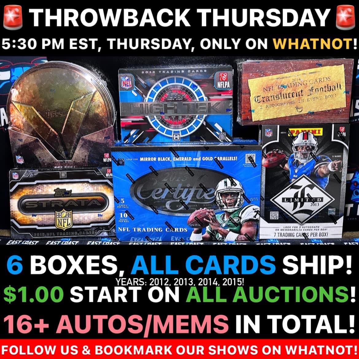 East_Coast_SCB's tweet photo. 🚨🏈THIS THURSDAY IN WHATNOT!🏈🚨Throwback Thursday, coming in hot again! We have a FAT &amp; JUICY 6 boxer lined up! All cards ship, and there’s 16+ AUTOS/MEMS!

Juicy pick 2 choose 1 price of 65.00! That means you draw 2 cards and pick between the 2 teams you got!😈🏈🔥💪🏼🤙🏼 https://t.co/JJcE28gBUr