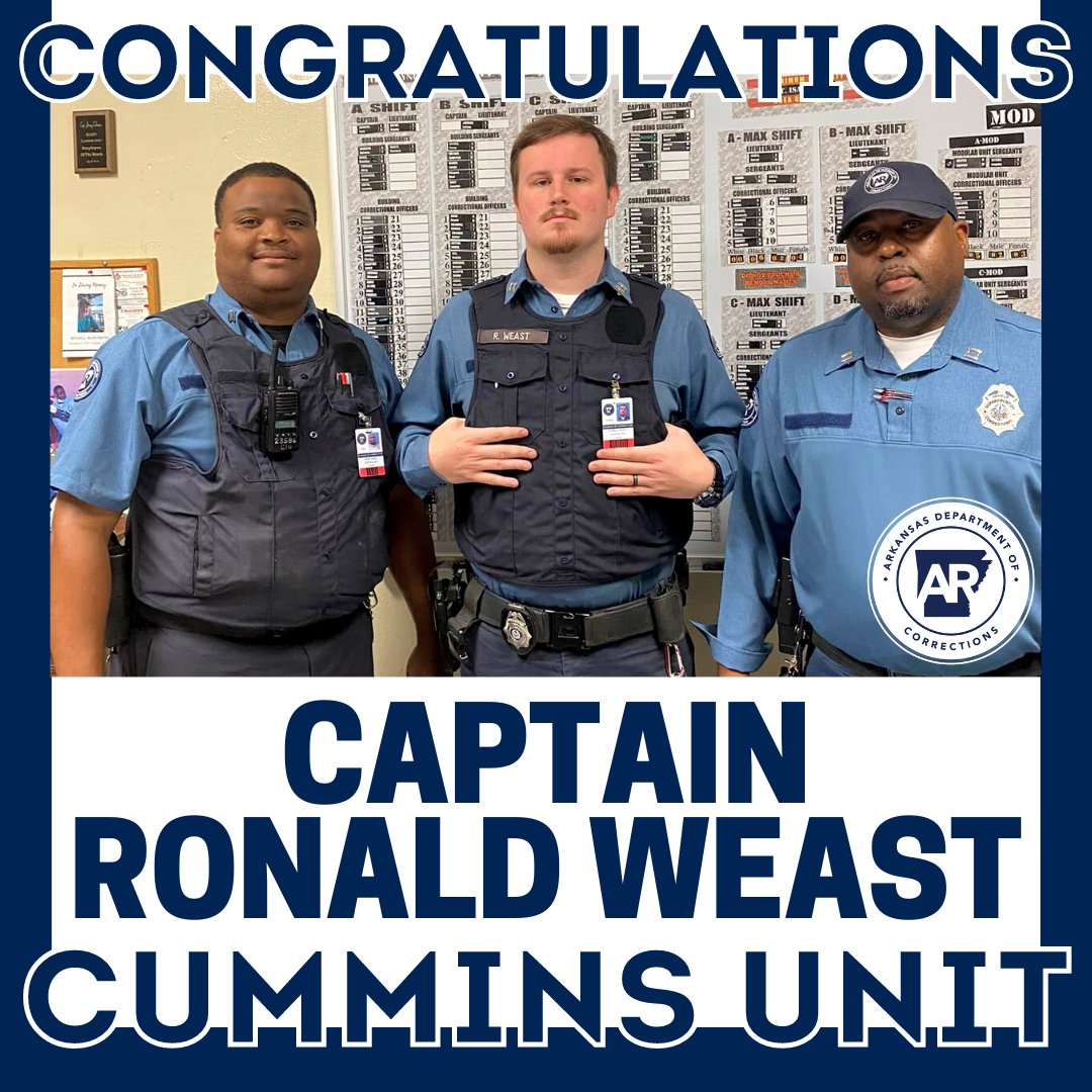 ADCPIO's tweet photo. The #ARDOCFamily would like to congratulate Captain Ronald (Rj) Weast on his recent #promotion at the Cummins Unit.
#Congratulations #CumminsUnit https://t.co/4KDmy2fFRE
