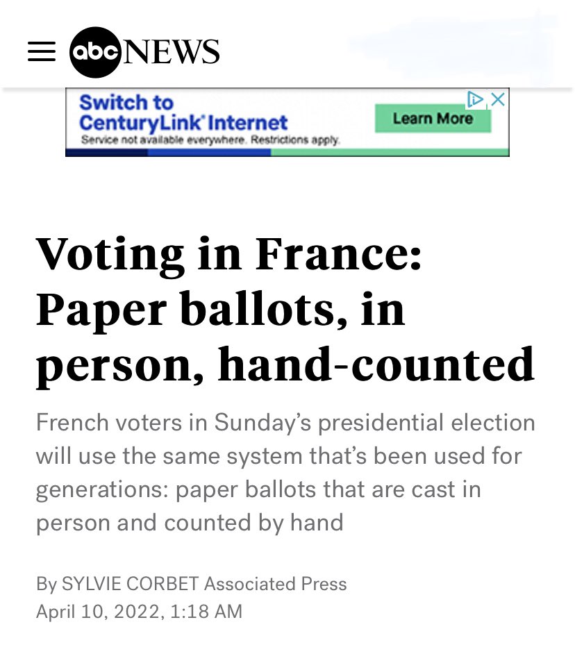 elisa1121's tweet image. Why is France, a country of 65+ MILLION able to count millions of hand ballots &amp;amp; return results on election night?

“Mail-in voting was banned in 1975 amid fears of potential fraud.” 

Machine voting “has been frozen since 2008 due to security concerns.”abcnews.go.com/International/…