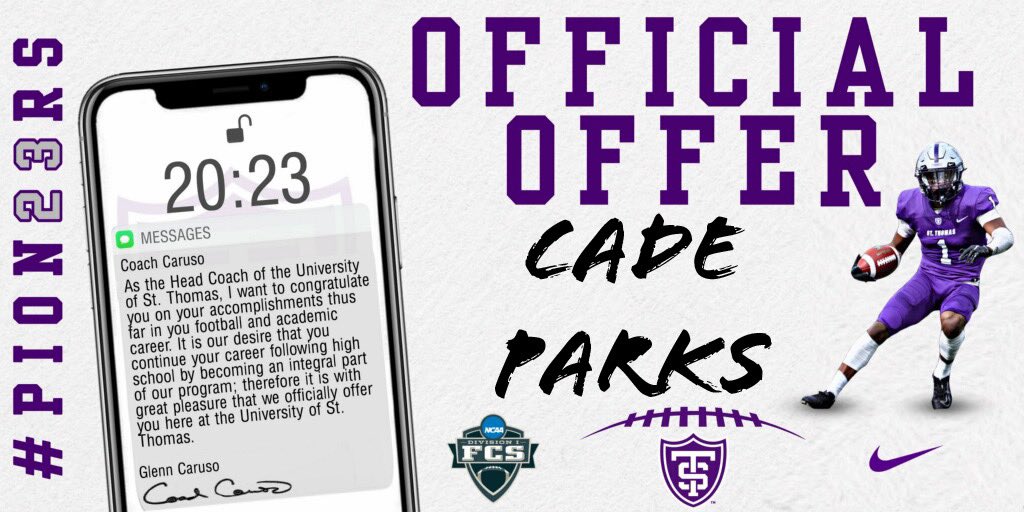 #AGTG After a great talk with <a href="/CoachGrayvold/">Brady Grayvold</a> I’ve been blessed to receive a offer to play Division I football at <a href="/UST_Football/">St. Thomas Football</a>. <a href="/SLC_Recruiting/">Southlake Carroll FB Recruiting</a> <a href="/coachrdodge/">Riley Dodge</a> <a href="/CoachRazloznik/">Coach Sean Razloznik</a> <a href="/Coach_Caruso/">Coach Glenn Caruso</a> <a href="/BHoward_11/">Brandon Howard</a> <a href="/coachH2bwill/">Brandon Williams</a>